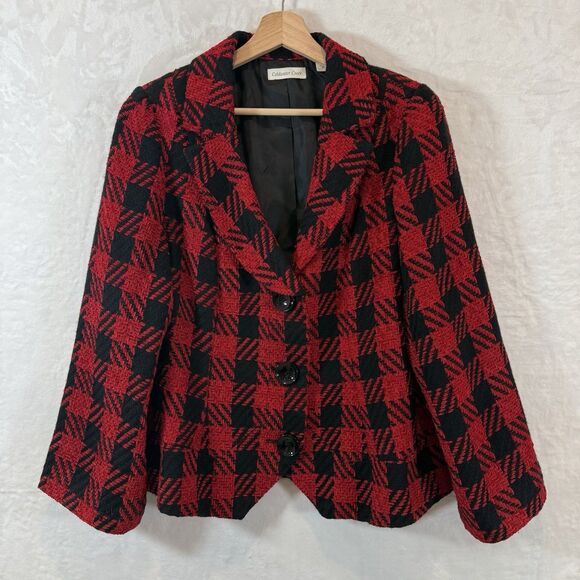 Coldwater Creek Jacket Blazer Houndstooth Chenille Red Black Plaid 20 - Picture 1 of 11